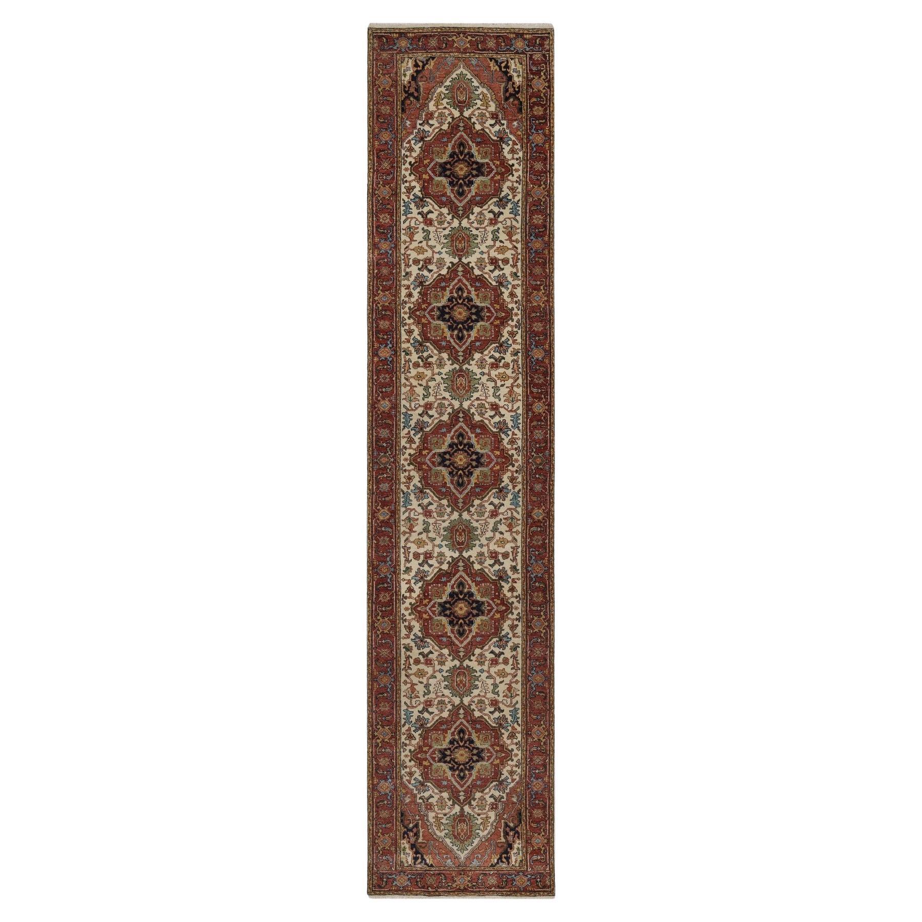 2'7"x12' Ivory Antiqued Fine Heriz Re-Creation All Wool Hand Knotted Runner Rug