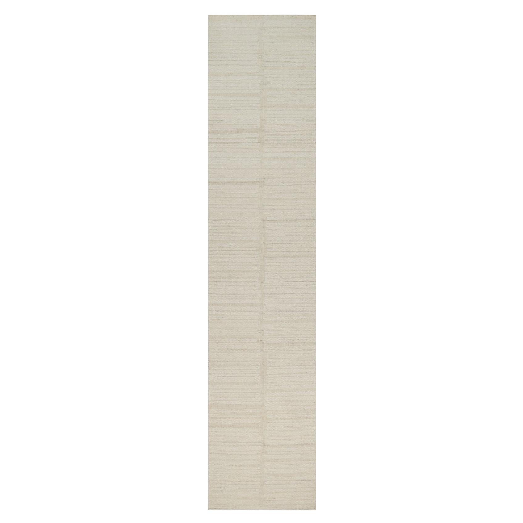 2'7"x12' Ivory Hand Knotted Modern Piled Flat Weave Pure Wool Textured Rug For Sale