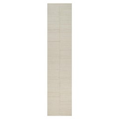 2'7"x12' Ivory Hand Knotted Modern Piled Flat Weave Pure Wool Textured Rug