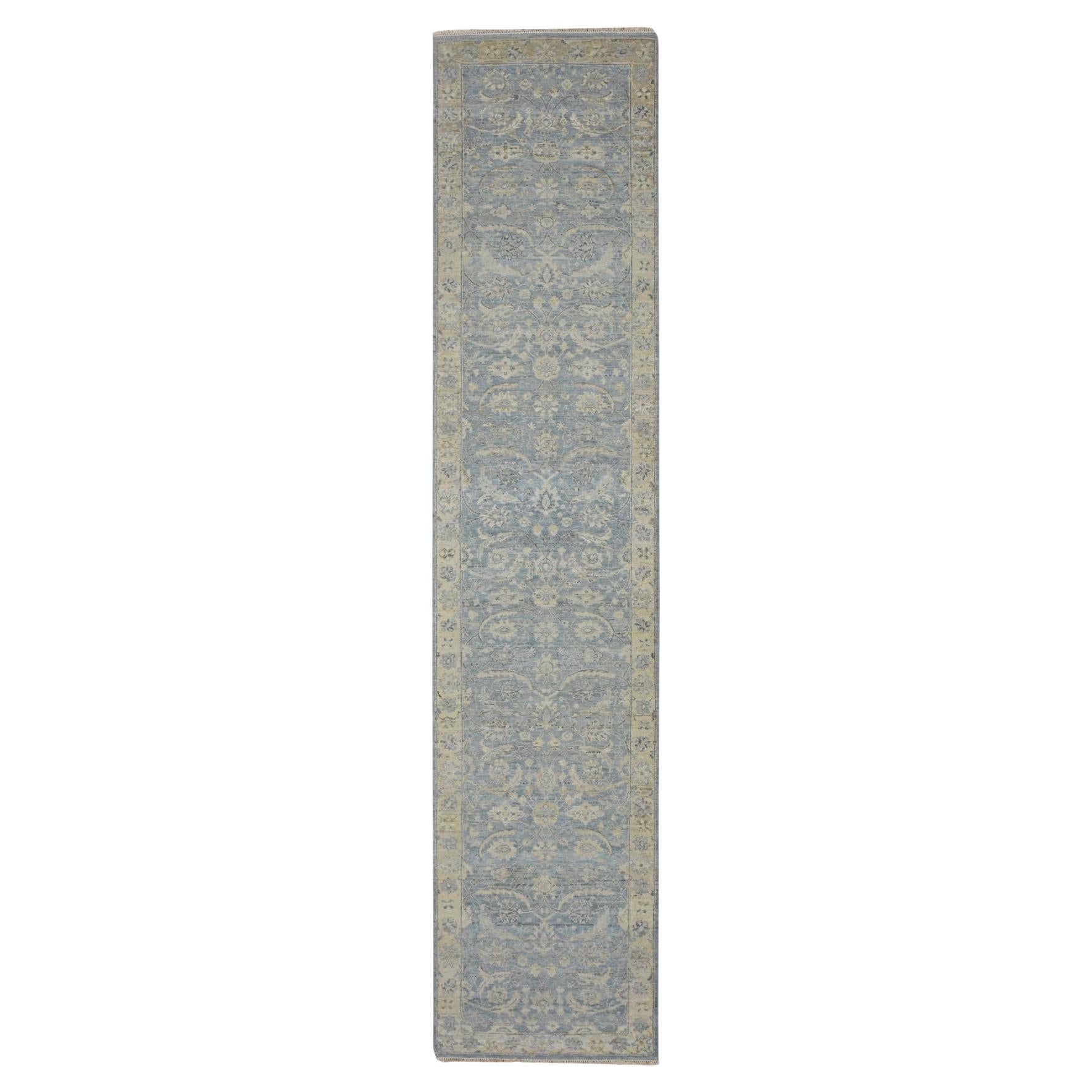2
7"x12
 Light Blue Natural Wool Hand Knotted Sickle Leaf Design Runner Rug For Sale