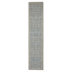 2
7"x12
 Light Blue Natural Wool Hand Knotted Sickle Leaf Design Runner Rug