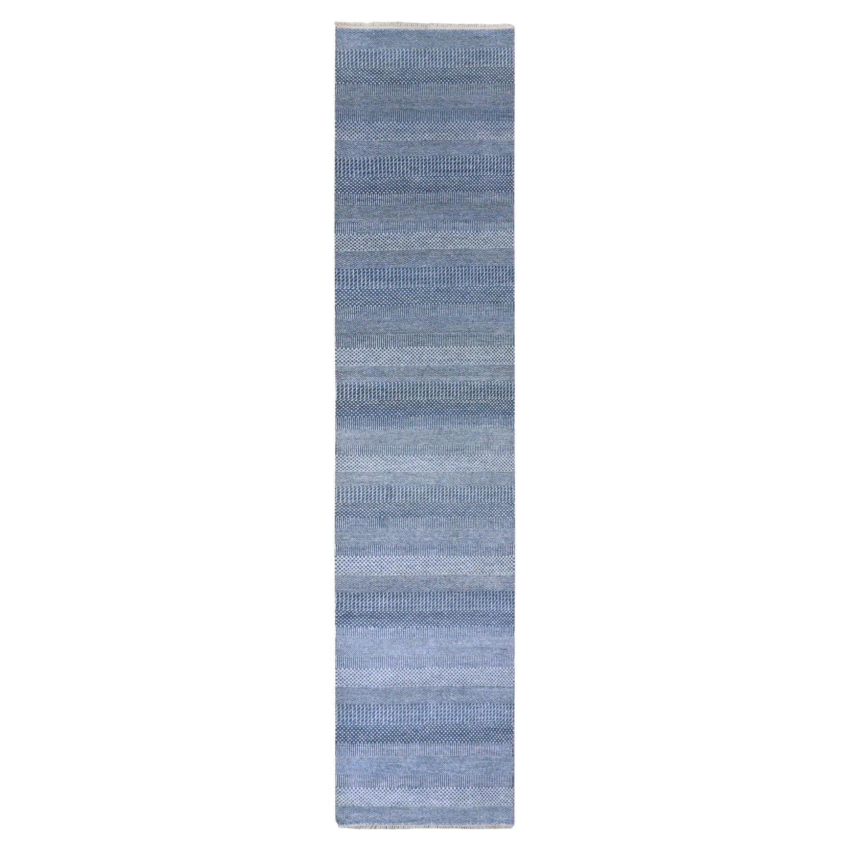 2'7 "x12' Alfombra de Corredor Anudada a Mano de Lana y Seda Teñida de Hierba Moderna Azul Penn