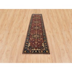 2'7"x12' Red, Hand Knotted Antiqued Sarouk Re-Creation, 100% Wool Runner Rug