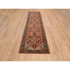 2'7"x12' Red, Pure Wool Hand Knotted Antiqued Fine Heriz Re-Creation Runner Rug