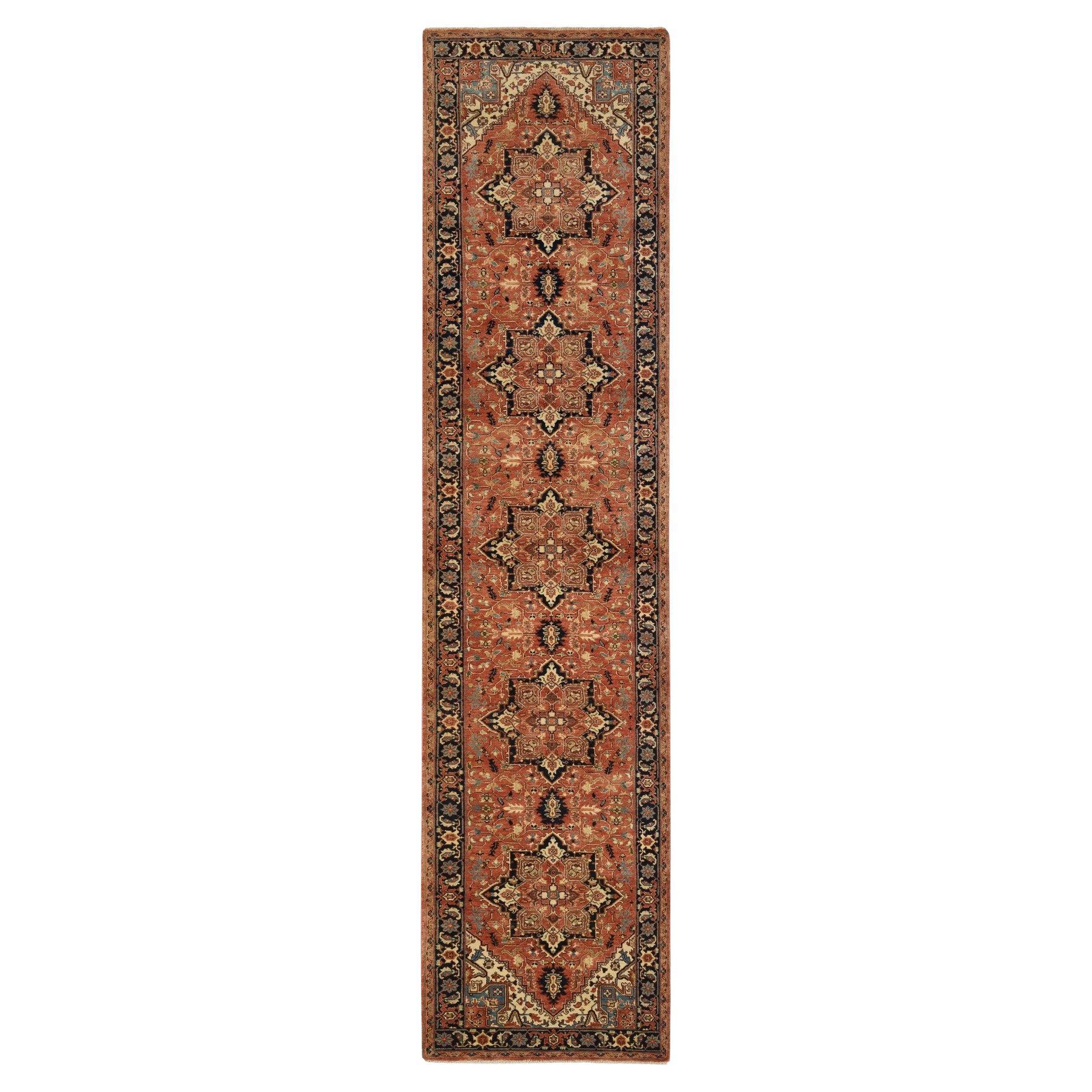 2'7"x12' Red, Pure Wool Hand Knotted Antiqued Fine Heriz Re-Creation Runner Rug