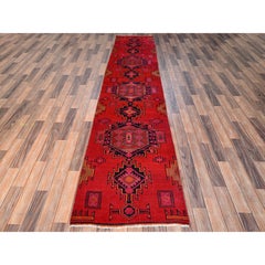 2'7"x12' Red Worn Out Vintage Persian Hamadan Hand Knotted Pure Wool Runner Rug