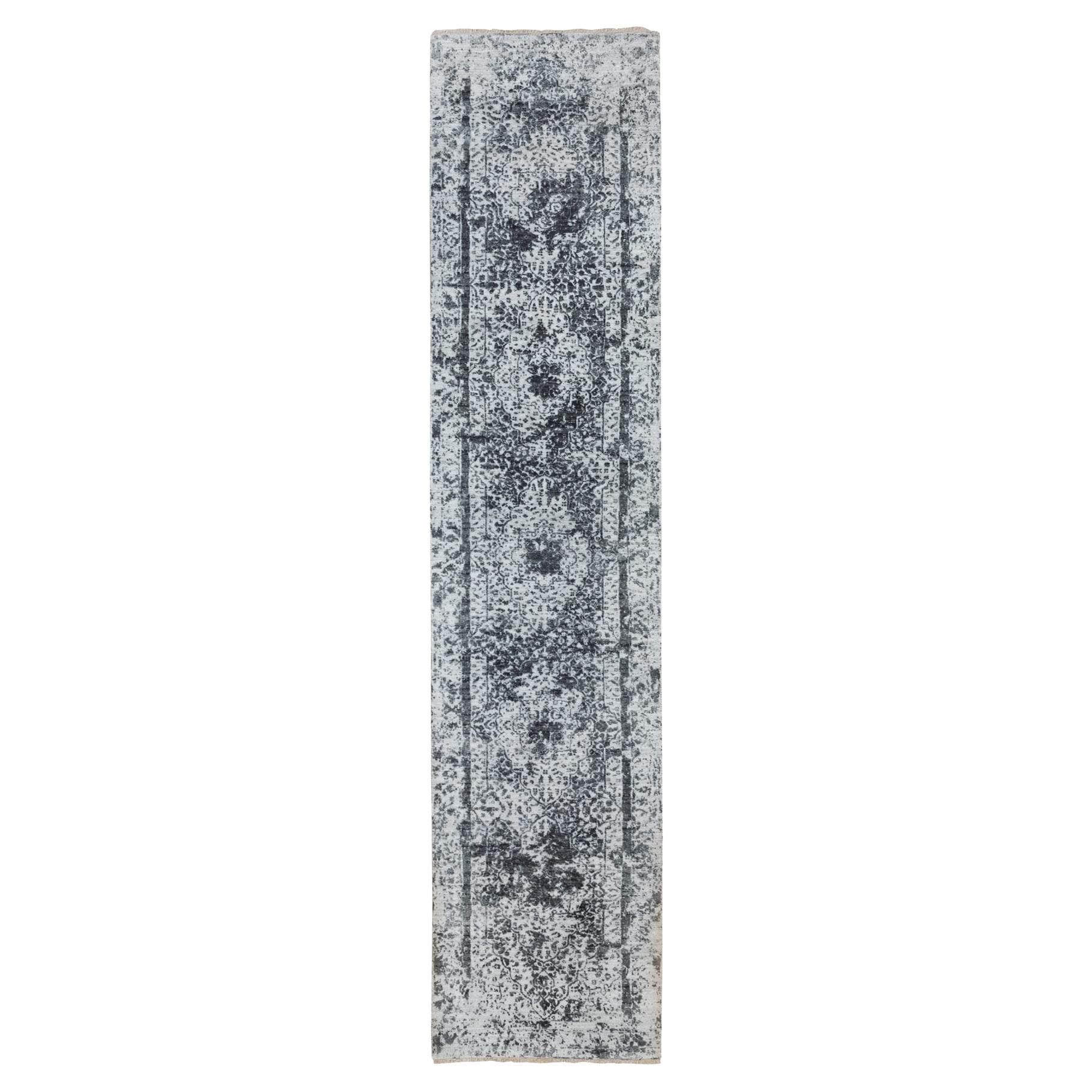 2
7"x12
 Silver-Dark Gray Erased Persian Design Wool and Silk Hand Knotted Rug For Sale