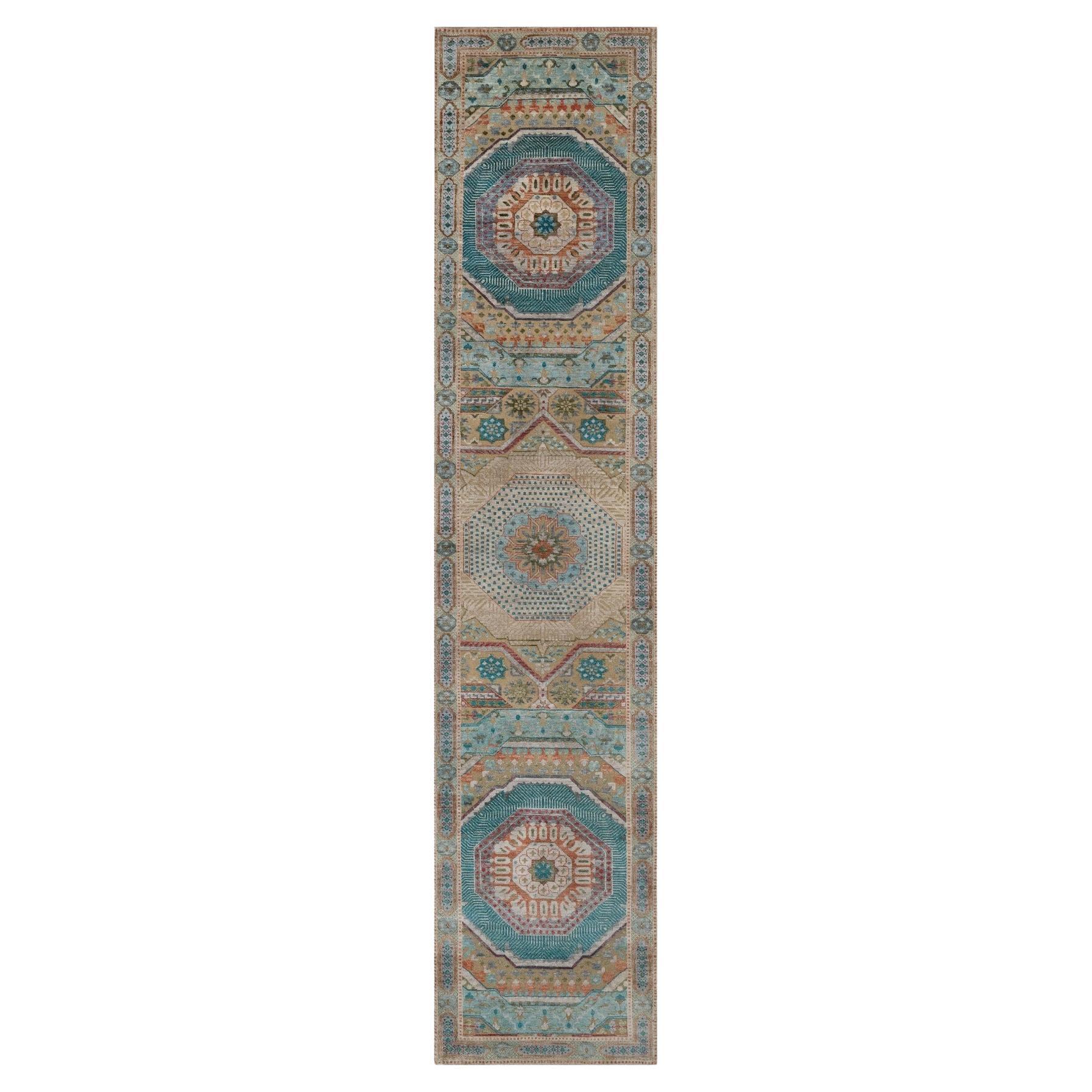 2'7"x12'1" Brown Hand Knotted Mamluk Design Textured Wool and Silk Runner Rug