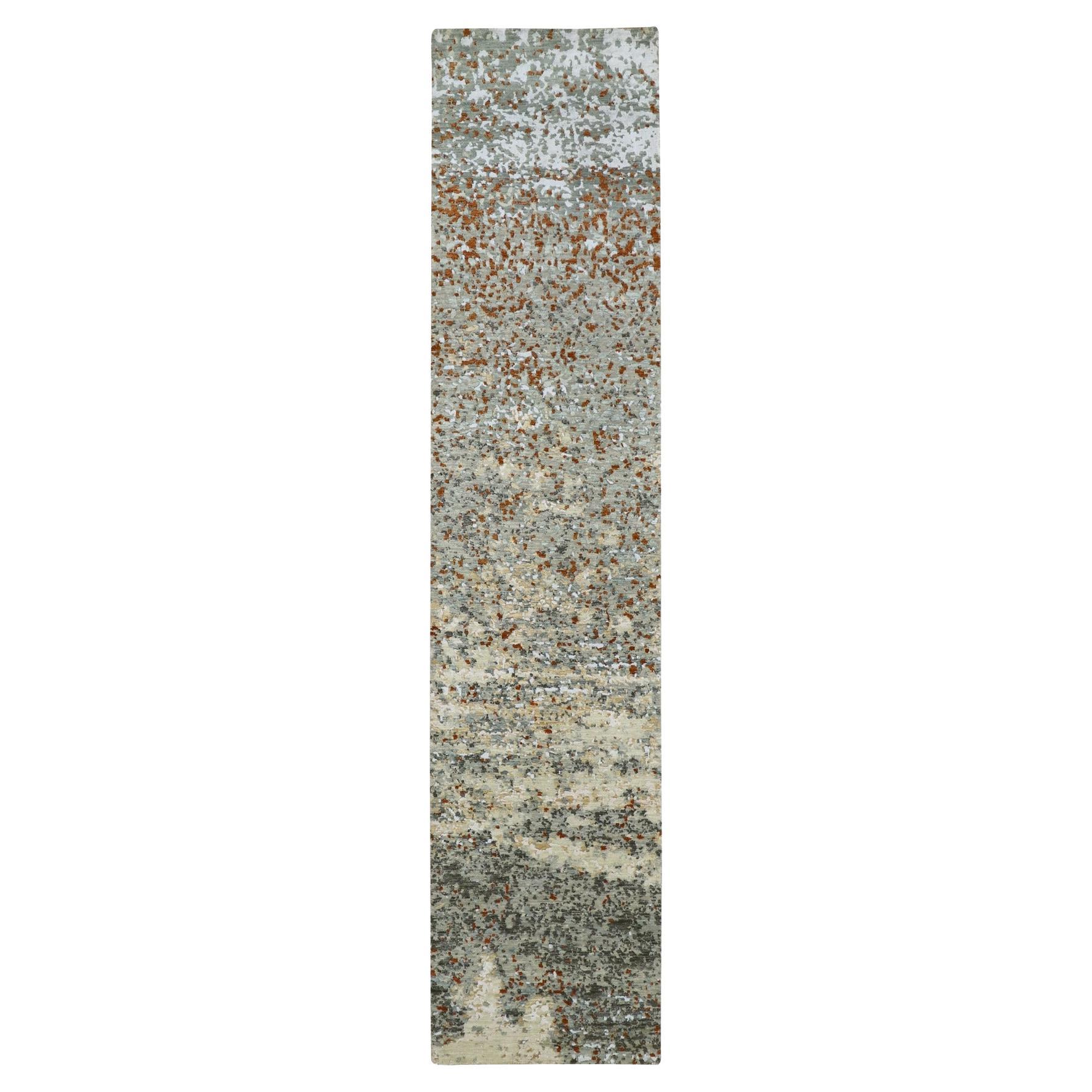 2'7"x12'1" Grau mit rostfarbenem, abstraktem Galaxy Design, handgeknüpfter Woll-Läufer