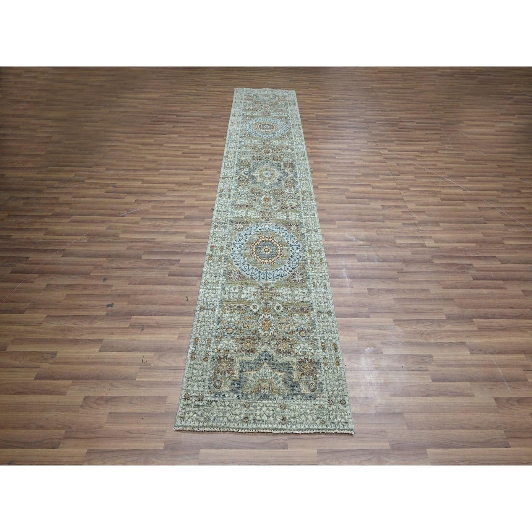 Sage Green, Pre Historic 14th Century Influence, Mamluk Design, Natural Dyes, Hand Knotted, Pure Wool, Runner, Oriental Rug
Primary materials: Wool
Latex: No Pile 
height: 0.25 Inches
Style: Traditional
Primary color: Green
Secondary colors: Blue,