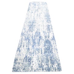 2'7"x12'1" Hand Knotted Abstract Design Wool and Real Silk Denim Blue Runner Rug