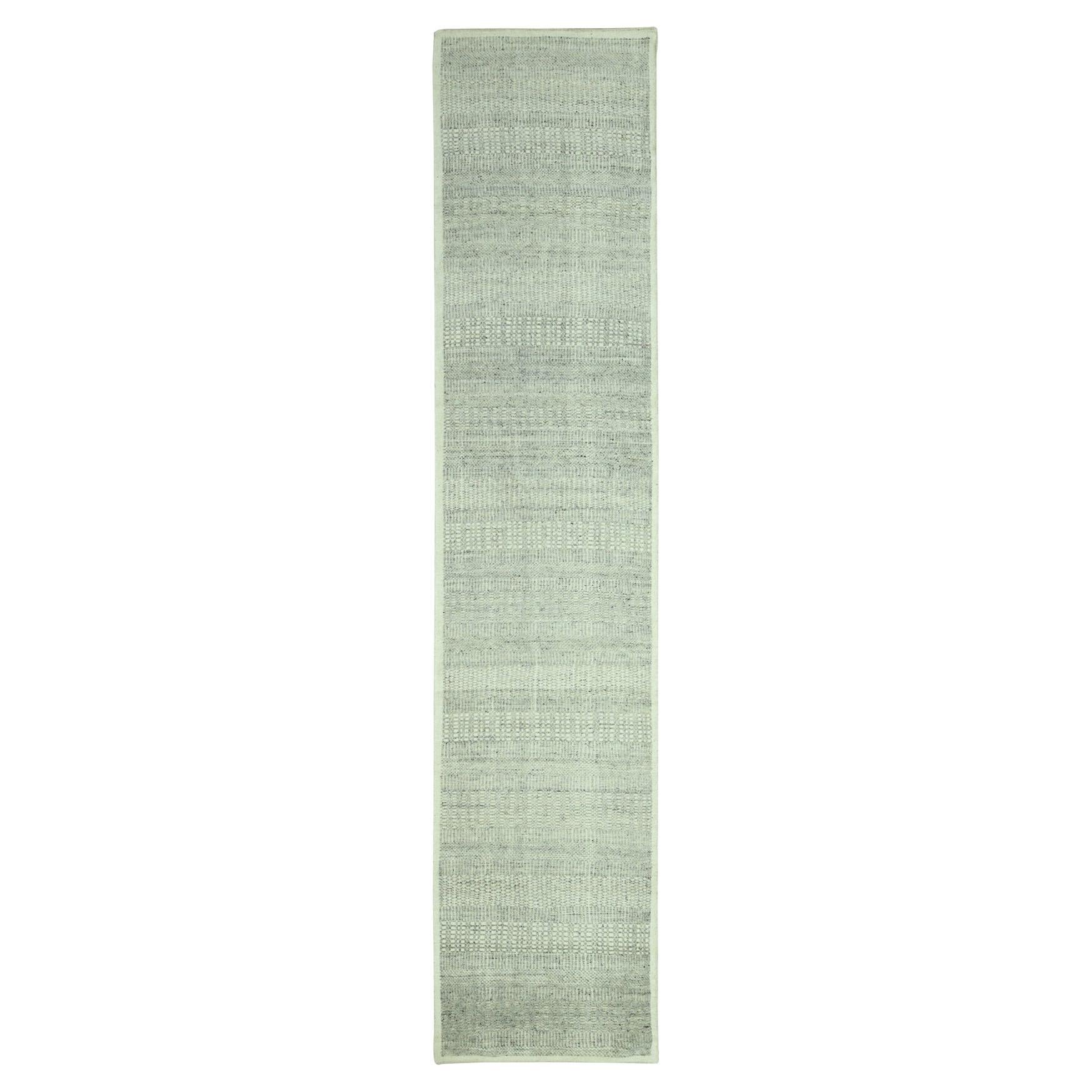 2
7"x12
1" Misty Gray Distressed Grass Design Hand Knotted Pure Wool Runner Rug