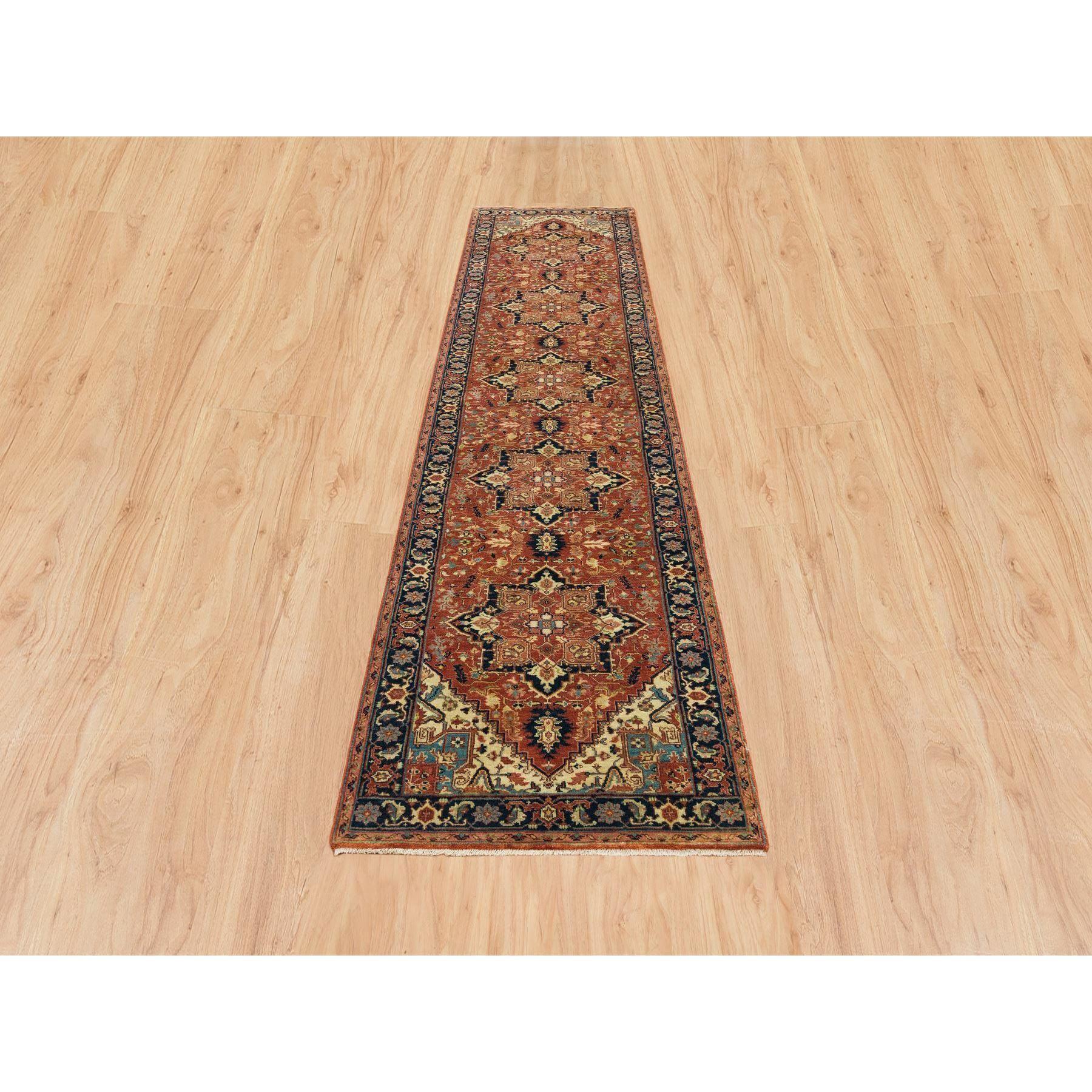 Terracotta Red, Hand Knotted Antiqued Fine Heriz Re-Creation, Natural Dyes Dense Weave, Organic Wool, Runner Oriental Rug
Primary materials: Wool
Latex: No Pile 
height: 0.25 Inches
Style: Traditional
Primary color: Red
Secondary colors: Green,