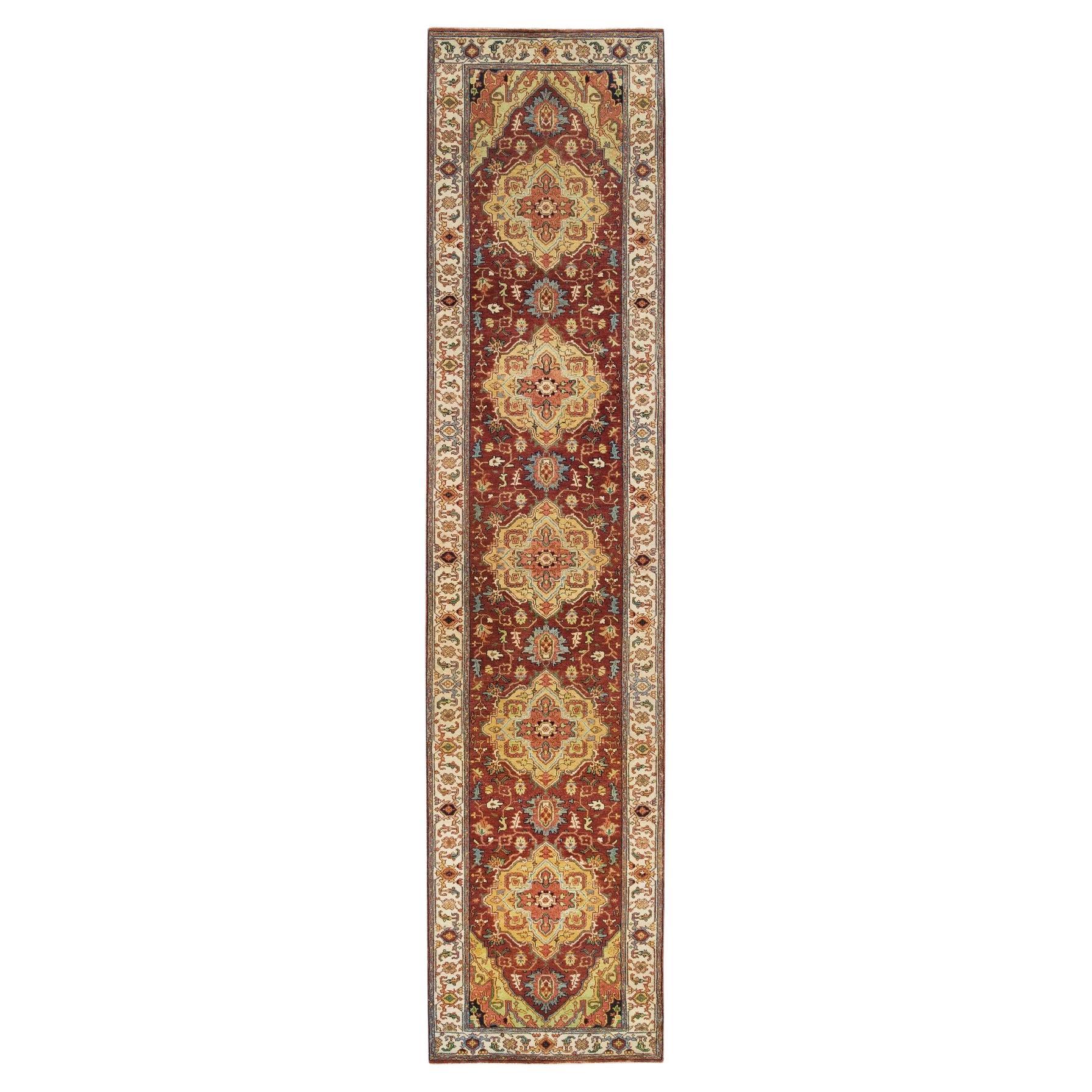 2'7"x12'1" Red, Hand Knotted Antiqued Fine Heriz Re-Creation Wool Runner Rug