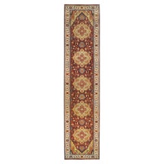 2'7"x12'1" Red, Hand Knotted Antiqued Fine Heriz Re-Creation Wool Runner Rug