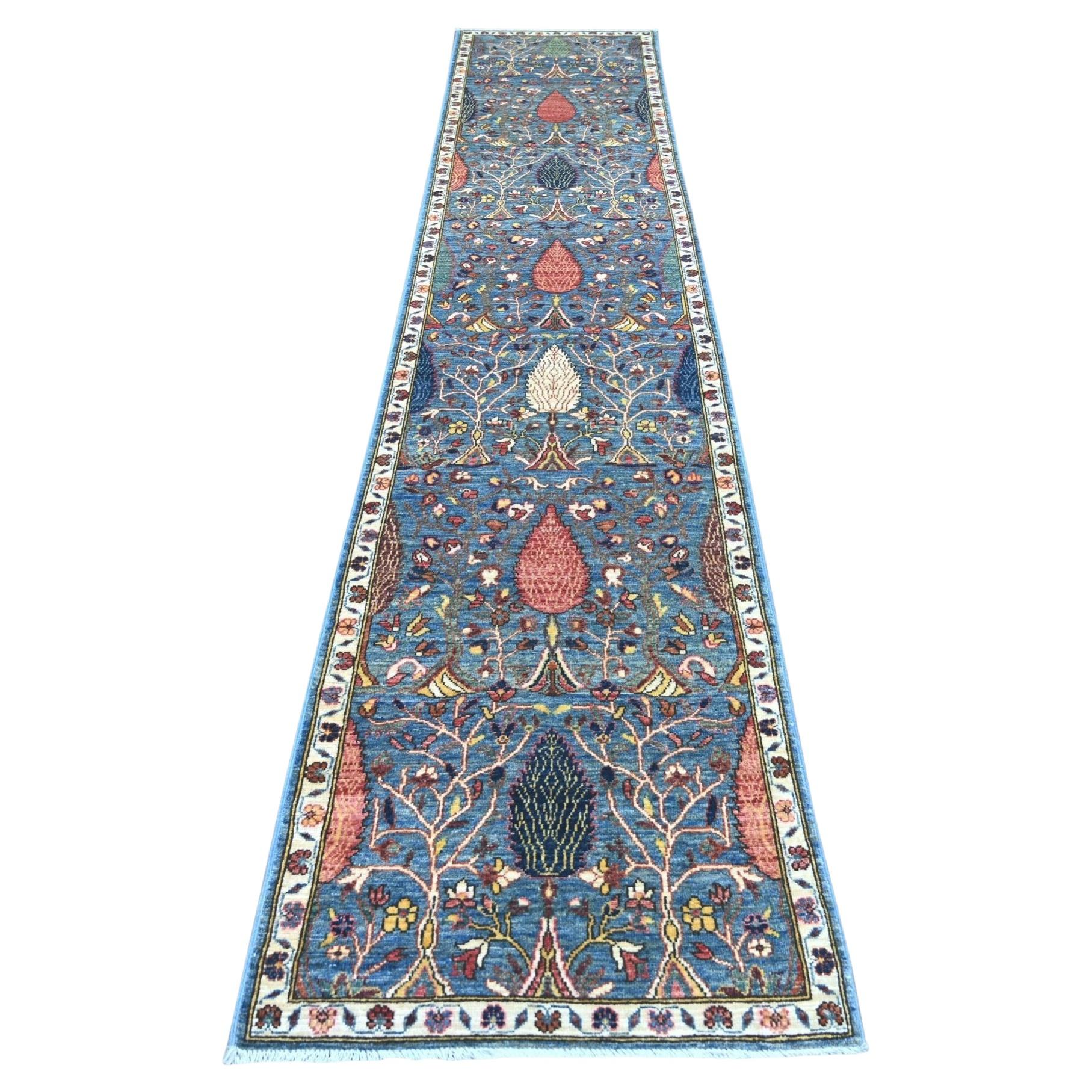 2'7"x12'10" Blue Ethnic Tribal Cypress Tree Design Hand Knotted Wool Runner Rug