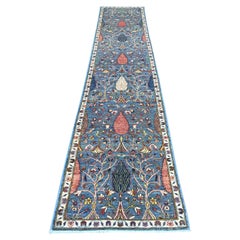 2'7"x12'10" Blue Ethnic Tribal Cypress Tree Design Hand Knotted Wool Runner Rug