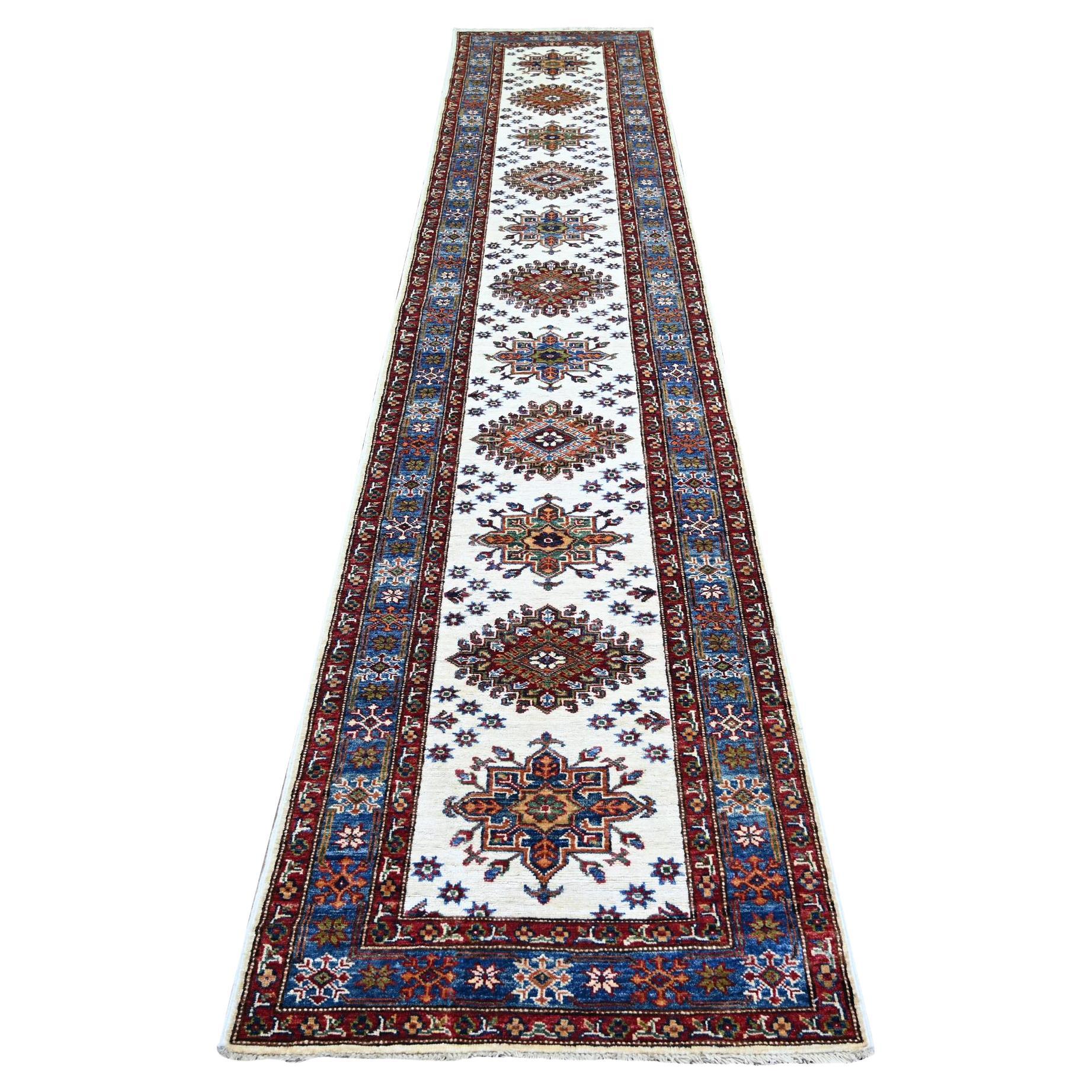 2'7"x12'10" Ivory Hand Knotted Afghan Super Kazak Pure Wool Runner Oriental Rug