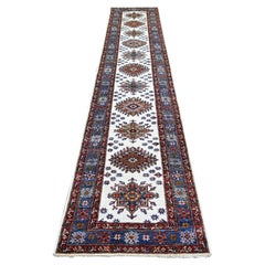 2'7 "x12'10" Marfil Anudada a Mano Alfombra Oriental Afgana Super Kazak Corredor de Pura Lana