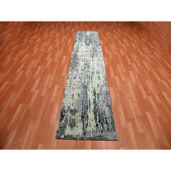 2'7"x12'2" Charcoal Gray Wool and Silk Denser Weave Hand Knotted Runner Rug