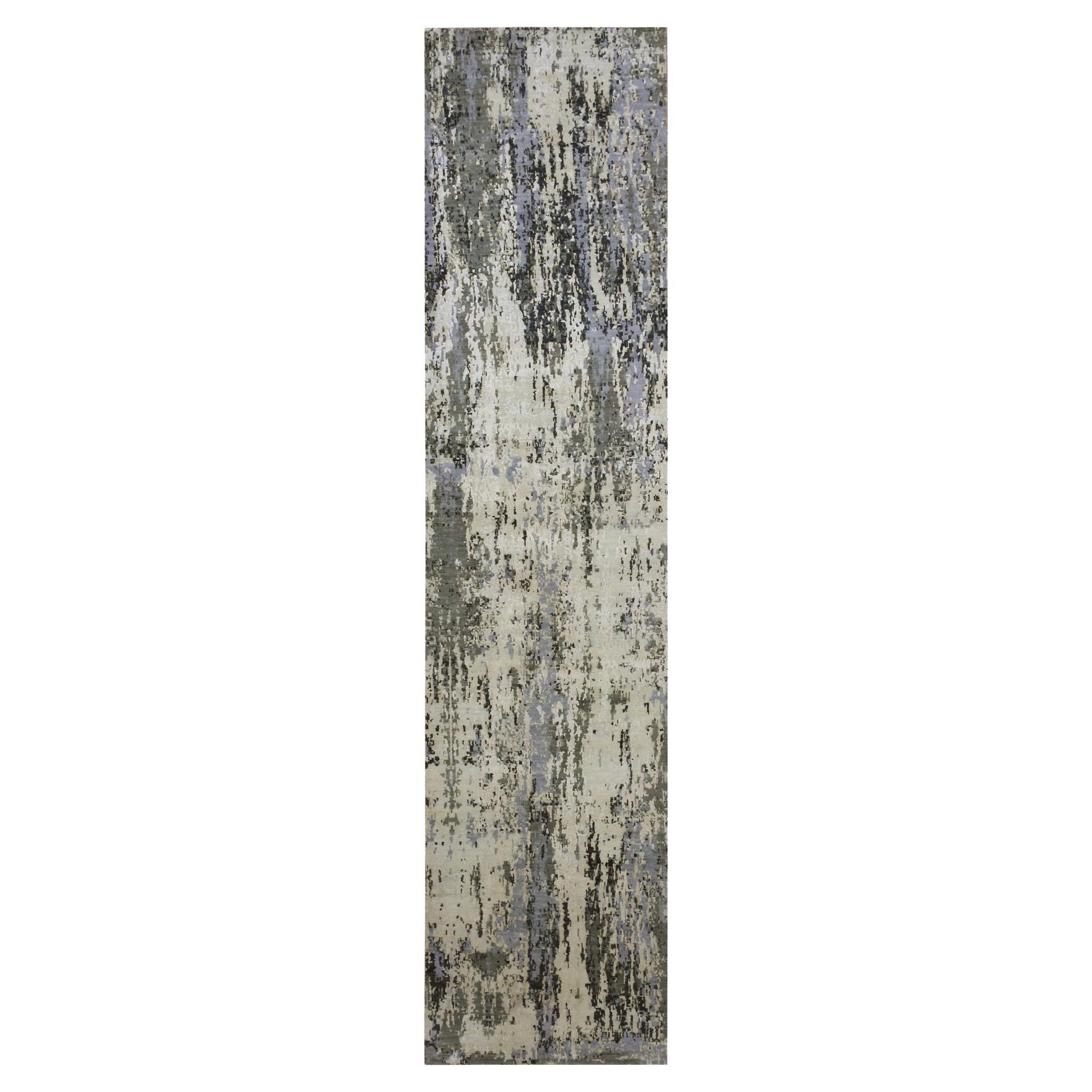 2'7"x12'2" Charcoal Gray Wool and Silk Denser Weave Hand Knotted Runner Rug For Sale
