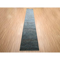 2'7"x12'2" Denim Blue Modern Grass Design Hand Knotted Wool and Silk Runner Rug