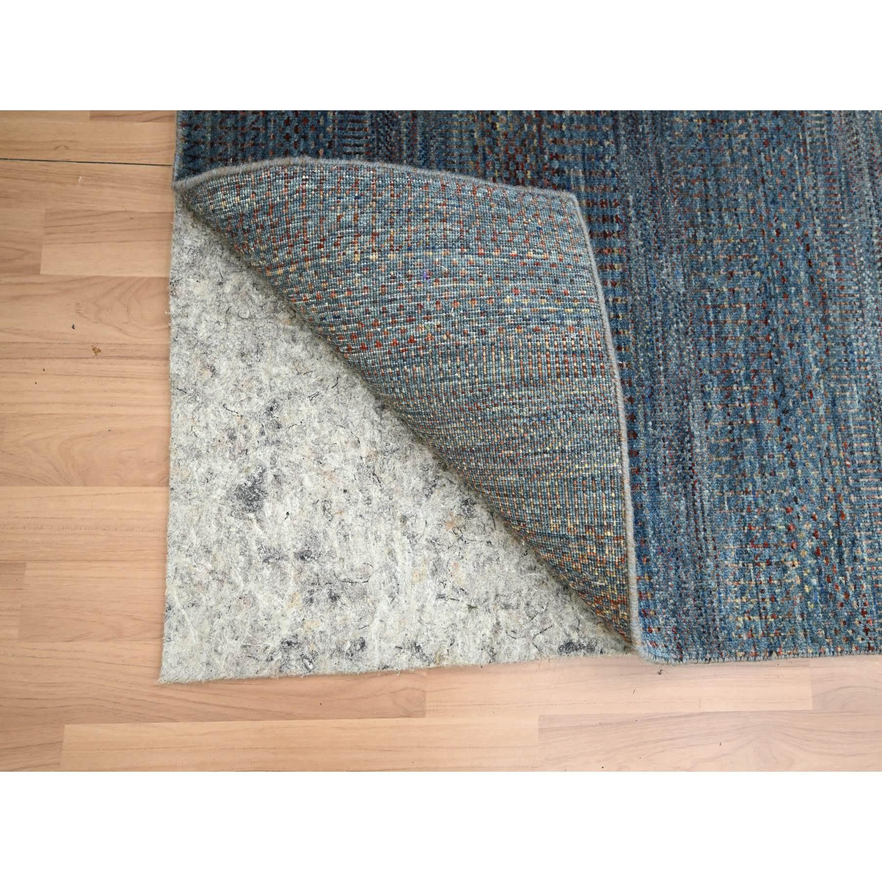 Moderno Tappeto Runner in lana e seta annodato a mano con disegno erba moderna blu denim 2'7 