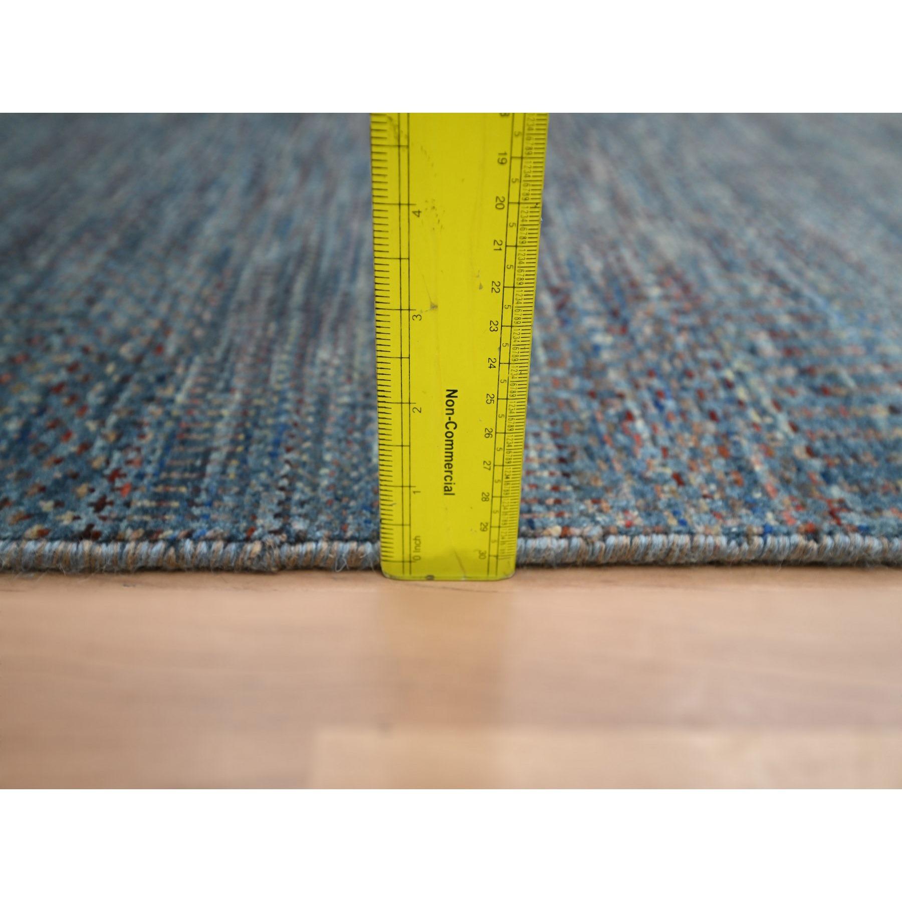 Tappeto Runner in lana e seta annodato a mano con disegno erba moderna blu denim 2'7 