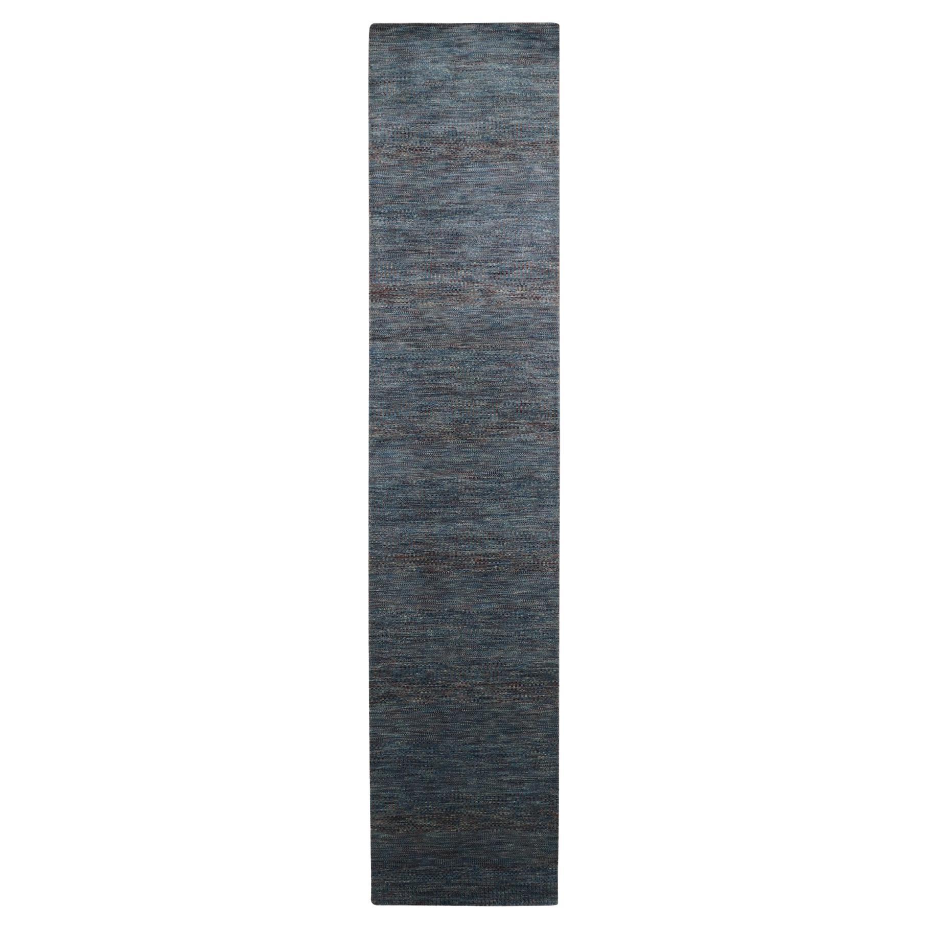 2'7 "x12'2" Tapis de course en laine et soie nouée à la main 2'7 "x12'2" Bleu denim Modern Grass Design