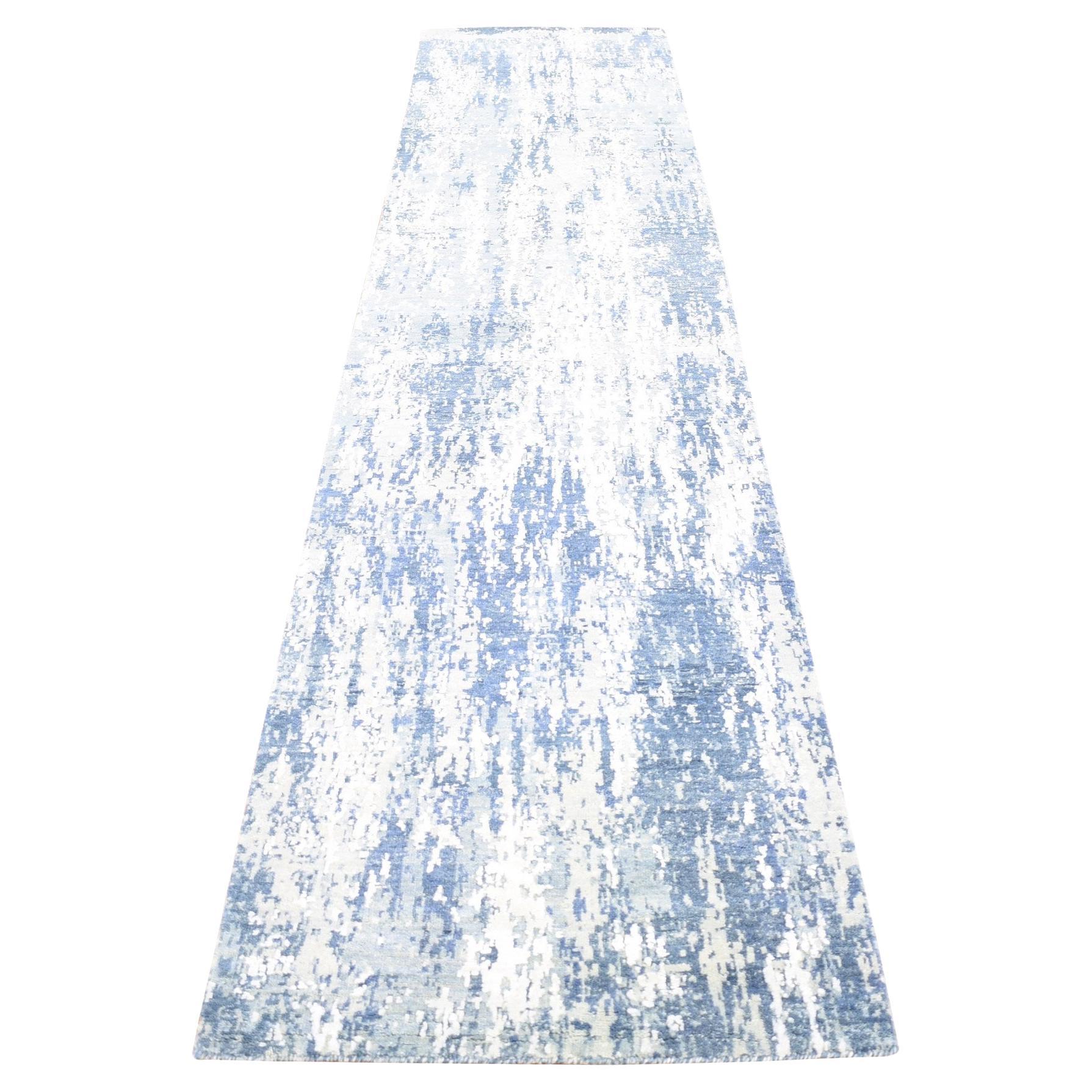 2'7"x12'2" Hand Knotted Blue Abstract Design Wool and Real Silk Runner Rug