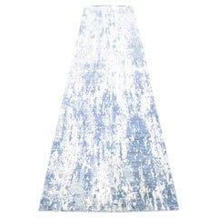 2'7 "x12'2" Tapis de course noué à la main en laine et soie véritable à design abstrait bleu