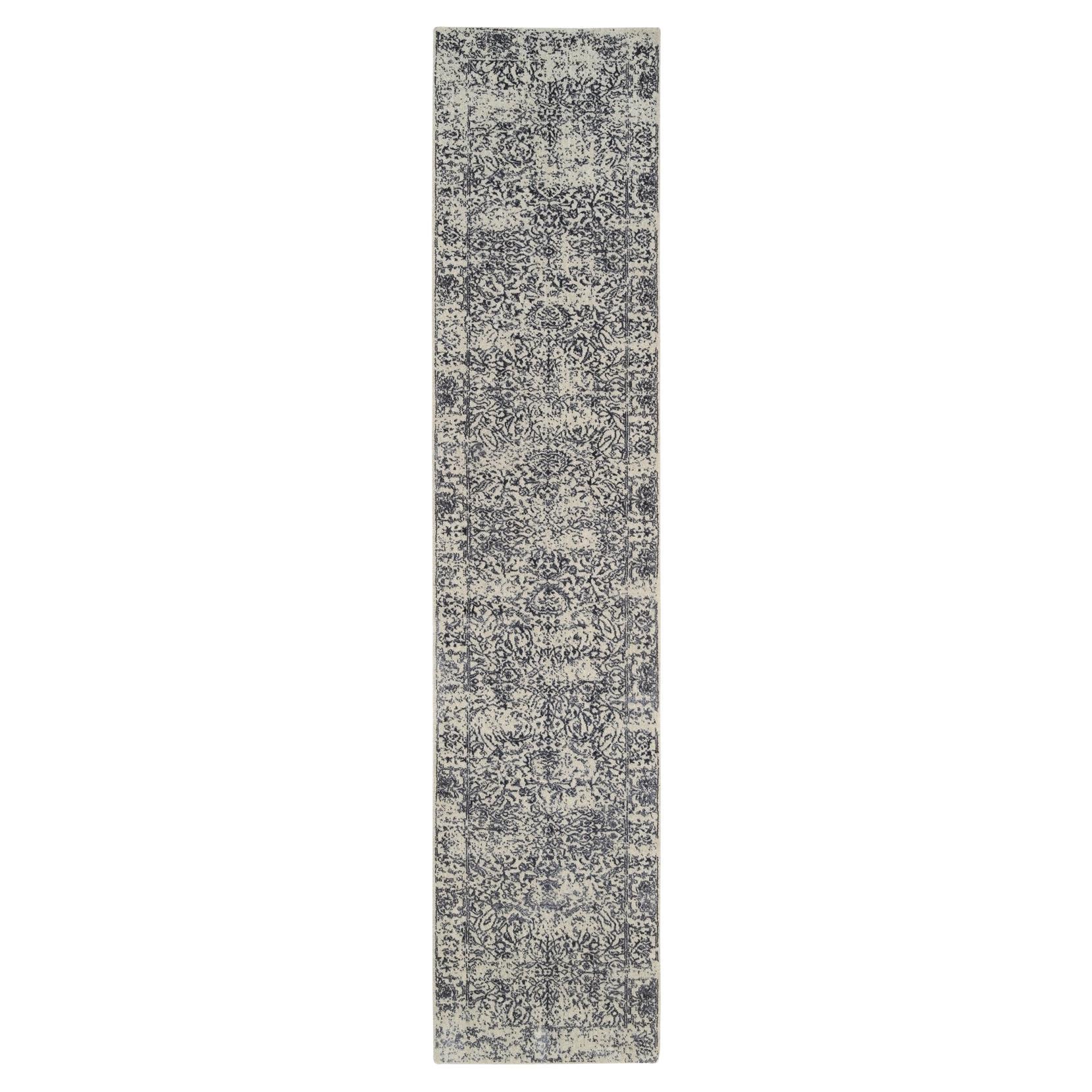 2'7"x12'2" Wool & Silk Hand Loomed Light Gray Fine Jacquard Oriental Runner Rug