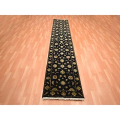 2'7"x12'3" Black Hand Knotted Wool and Silk Rajasthan Leaf Design Runner Rug