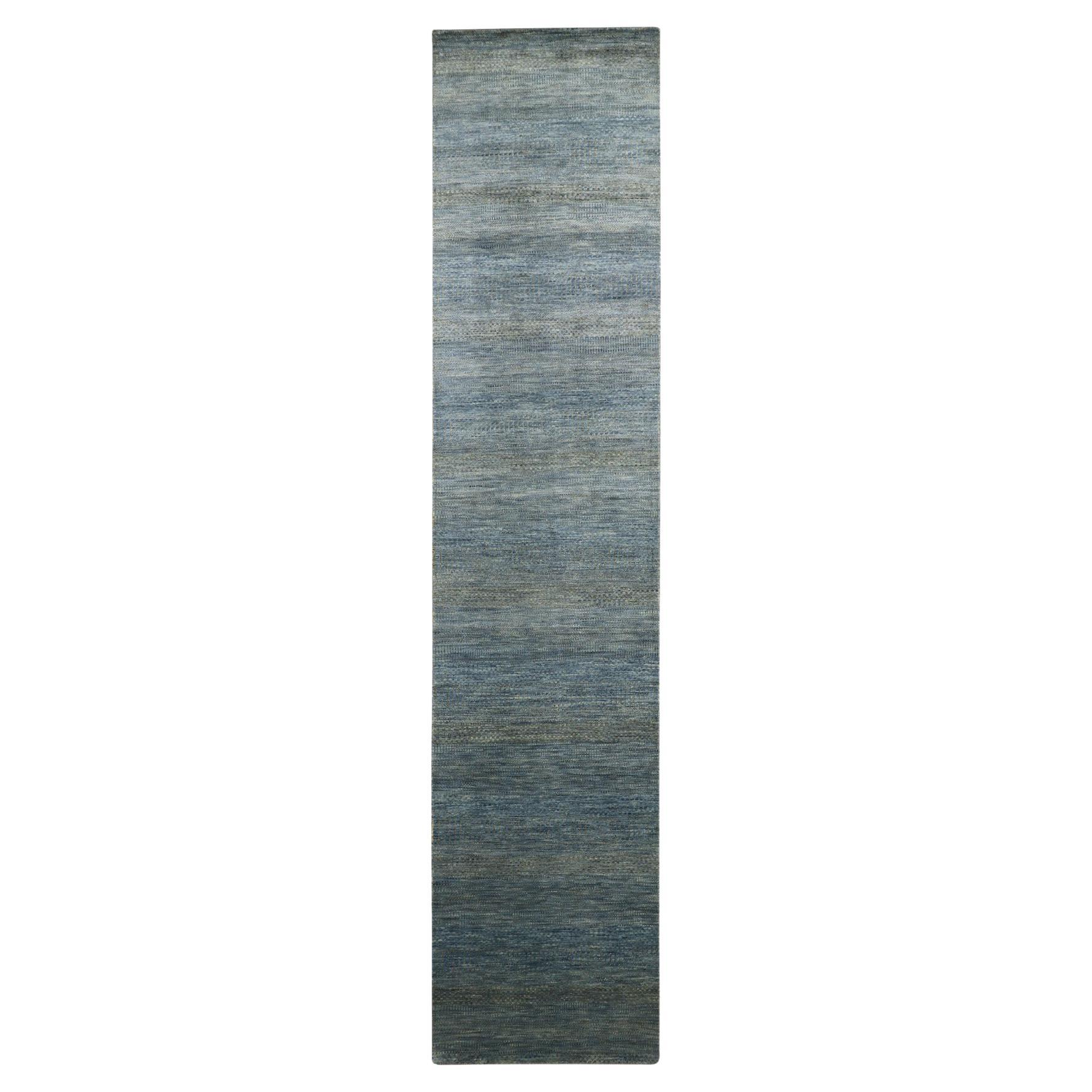 2'7"x12'3" Blue Wool & Silk Modern Grass Design Hand Knotted Runner Oriental Rug