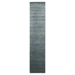 2'7"x12'3" Blue Wool & Silk Modern Grass Design Hand Knotted Runner Oriental Rug