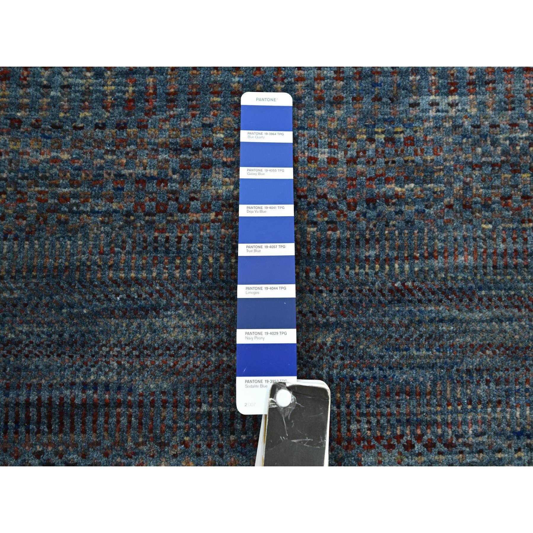 Indiano Tappeto Runner in lana e seta annodato a mano con design moderno blu denim x12'3