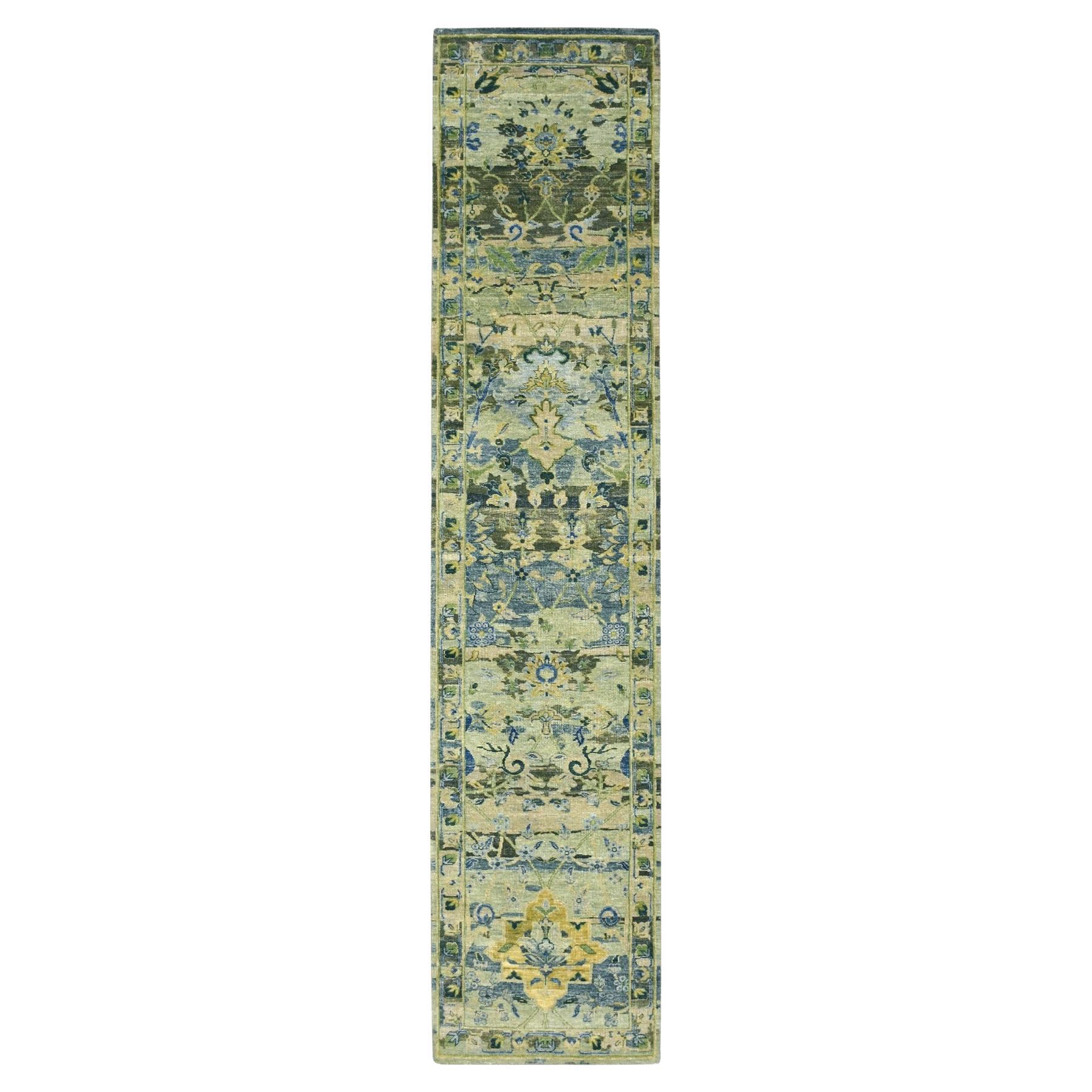 2'7 "x12'3" Grün Gelöschte Persische Vögel Design Handgeknüpft Reine Wolle Läufer Teppich im Angebot