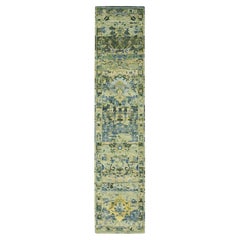 2'7"x12'3" Green Erased Persian Birds Design Hand Knotted Pure Wool Runner Rug