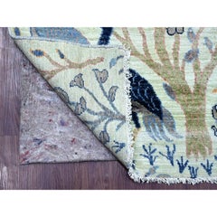 2'7"x12'3" Green Peshawar Birds of Paradise Design Hand Knotted Wool Runner Rug