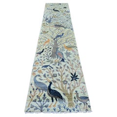 2'7"x12'3" Green Peshawar Birds of Paradise Design Hand Knotted Wool Runner Rug