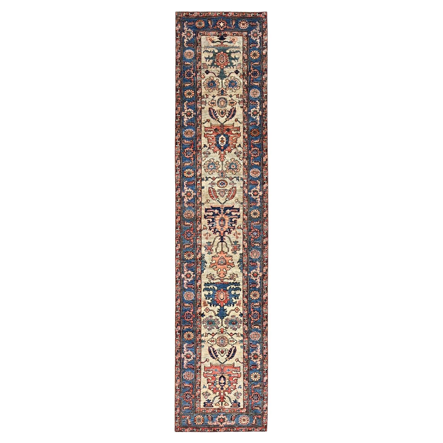 2'7"x12'3" Lily Green Ghazni Wool Hand Knotted Heriz Design Oriental Runner Rug