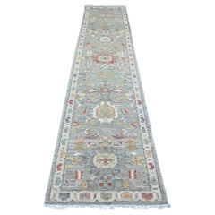 2'7 "x12'3" Medium Gray Peshawar mit Heriz Design Wolle Hand geknüpft Läufer Teppich