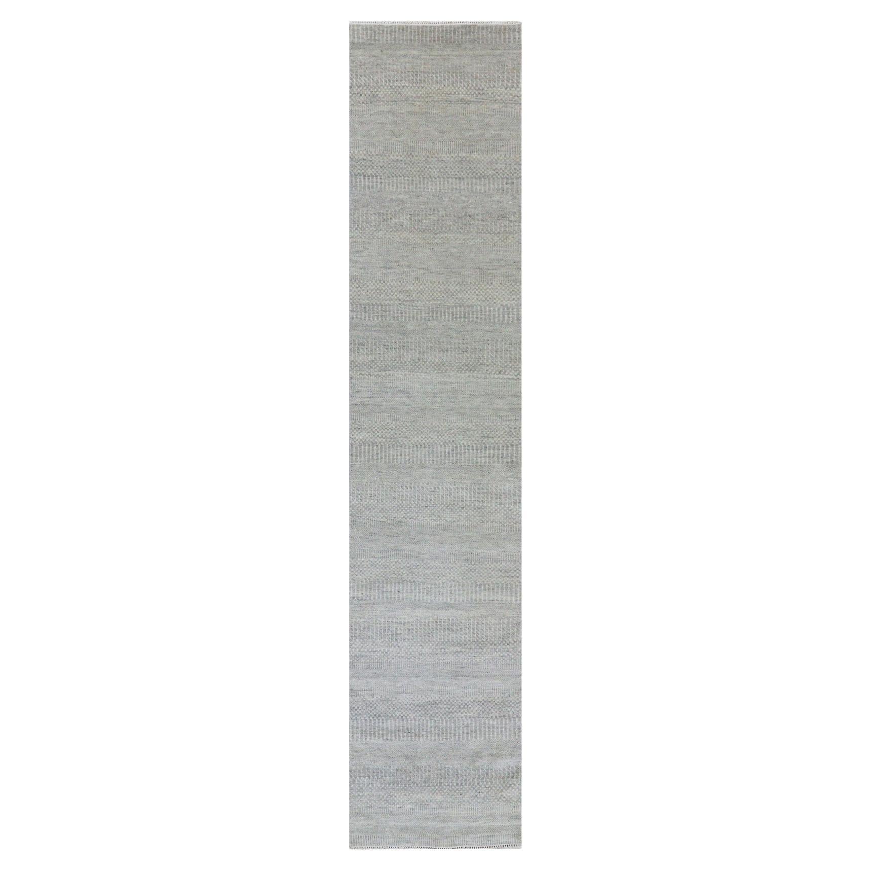 2
7"x12
4" Mindful Gray Undyed Wool Hand Knotted Modern Grass Design Runner Rug For Sale