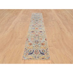 2'7"x12'4" Tan, Sickle Leaf Design, Silk With Wool Hand Knotted, Runner Rug