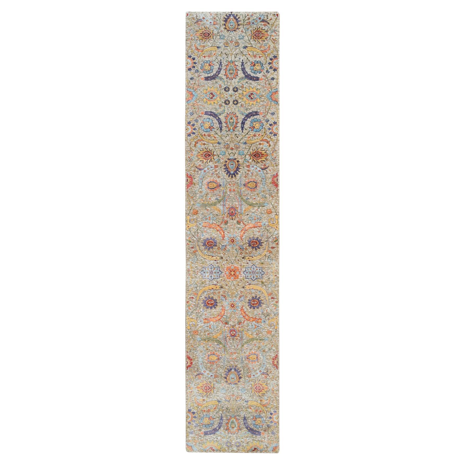 2'7"x12'4" Hellbraun, Sickle Leaf Design, Seide mit Wolle Handgeknüpfter, Läufer