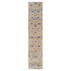 2'7"x12'4" Tan, motif de feuilles de soie nouées à la main, tapis de course