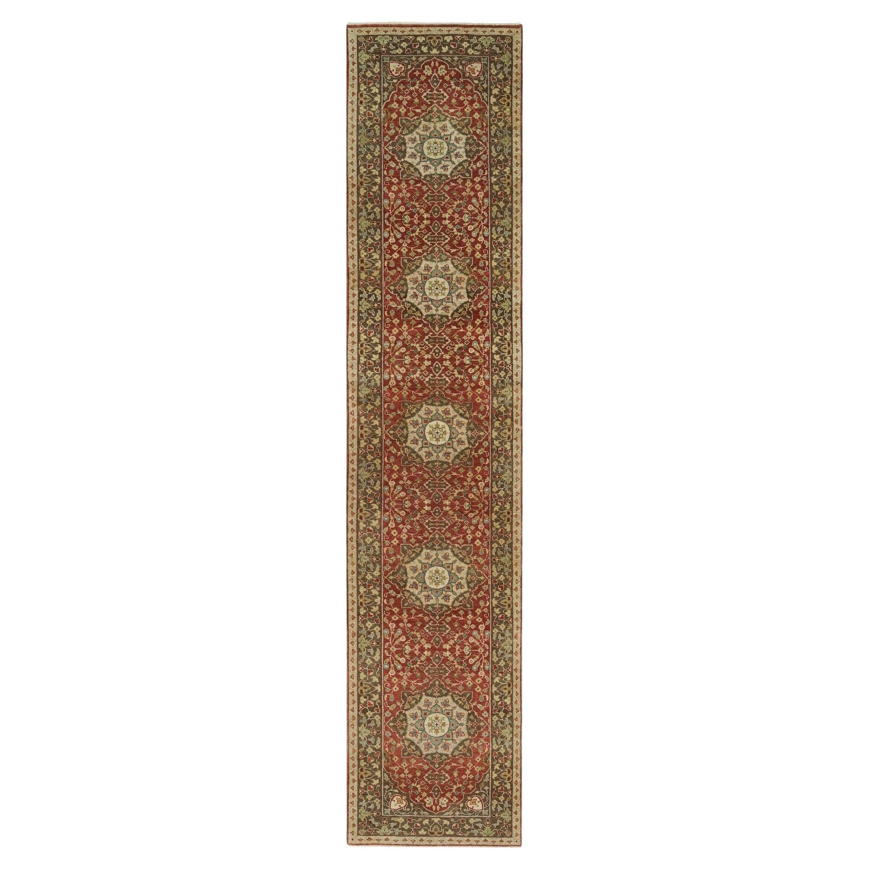 2
7"x12
4" Upsdell Red Hand Knotted Wool Antiqued Haji Design Runner Rug For Sale