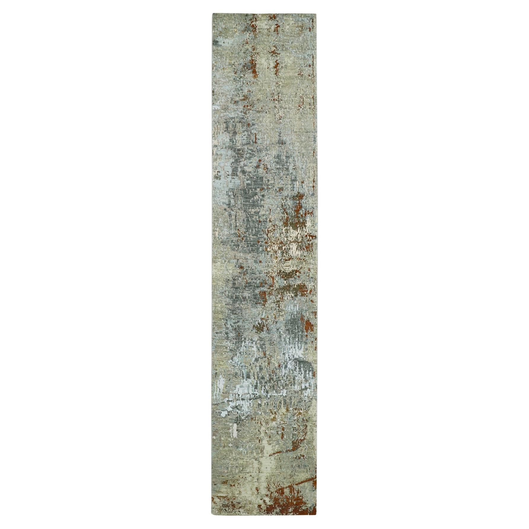 2'7"x12'6" Gray-Beige Abstract with Galaxy Design Wool Hand Knotted Runner Rug
