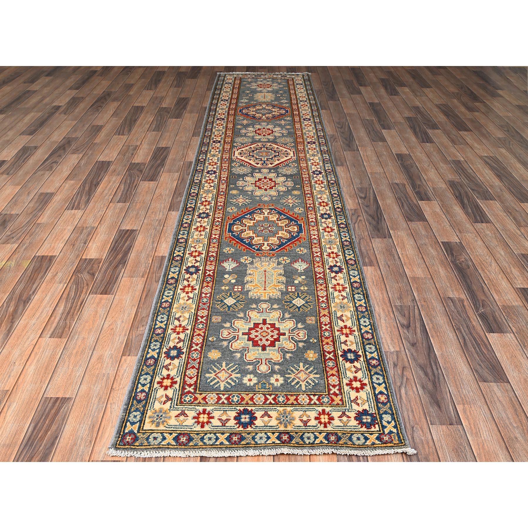Spanish Gray, Pure Wool, Vegetable Dyes, Denser Weave, Kazak with Geometric Medallions Design, Hand Knotted, Runner, Oriental Rug
Primary materials: Wool
Latex: No Pile 
height: 0.25 Inches
Style: Traditional
Primary color: Grey
Secondary colors: