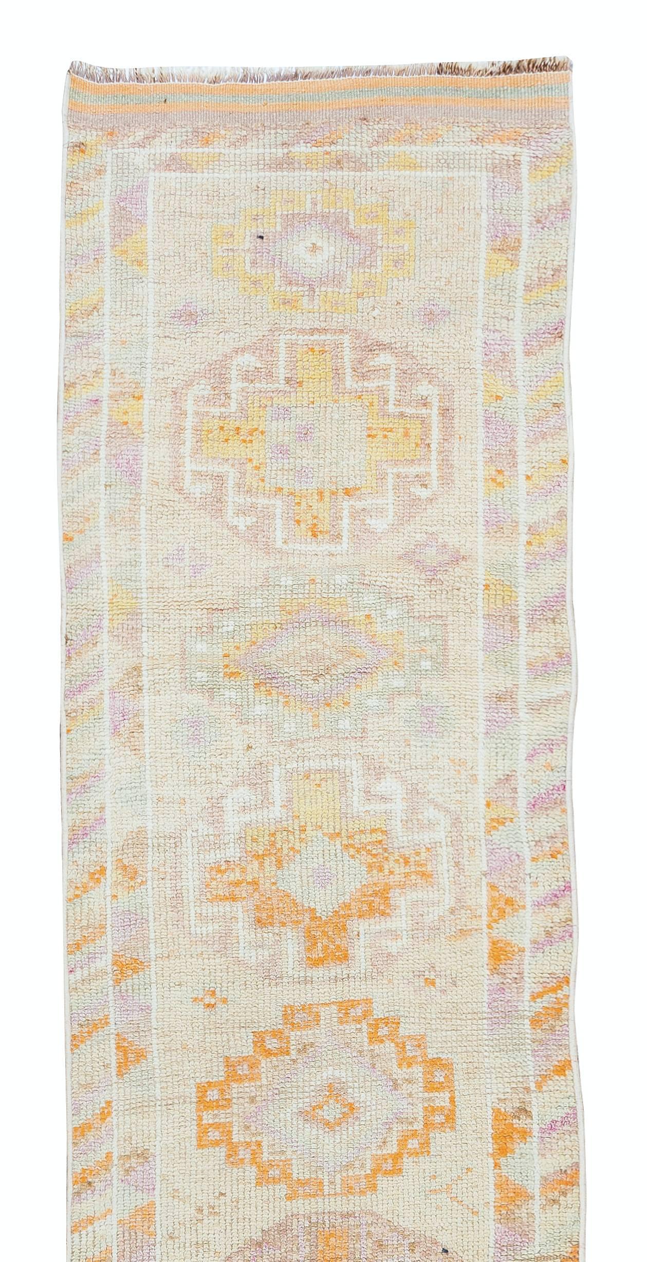 Turkish 2.7x12.7 Ft Mid-Century Handmade Anatolian Wool Runner Rug Narrow Hallway Carpet For Sale
